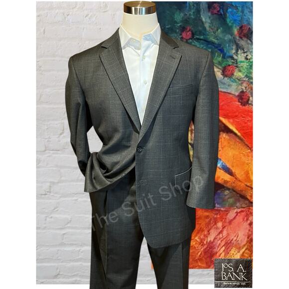 Jos A Bank Mens 44R 36x29 Gray Windowpane Plaid 2 Piece Suit Set - Picture 1 of 16